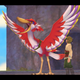 Image of large red and white bird flaring its wings in front of Link and Zelda.